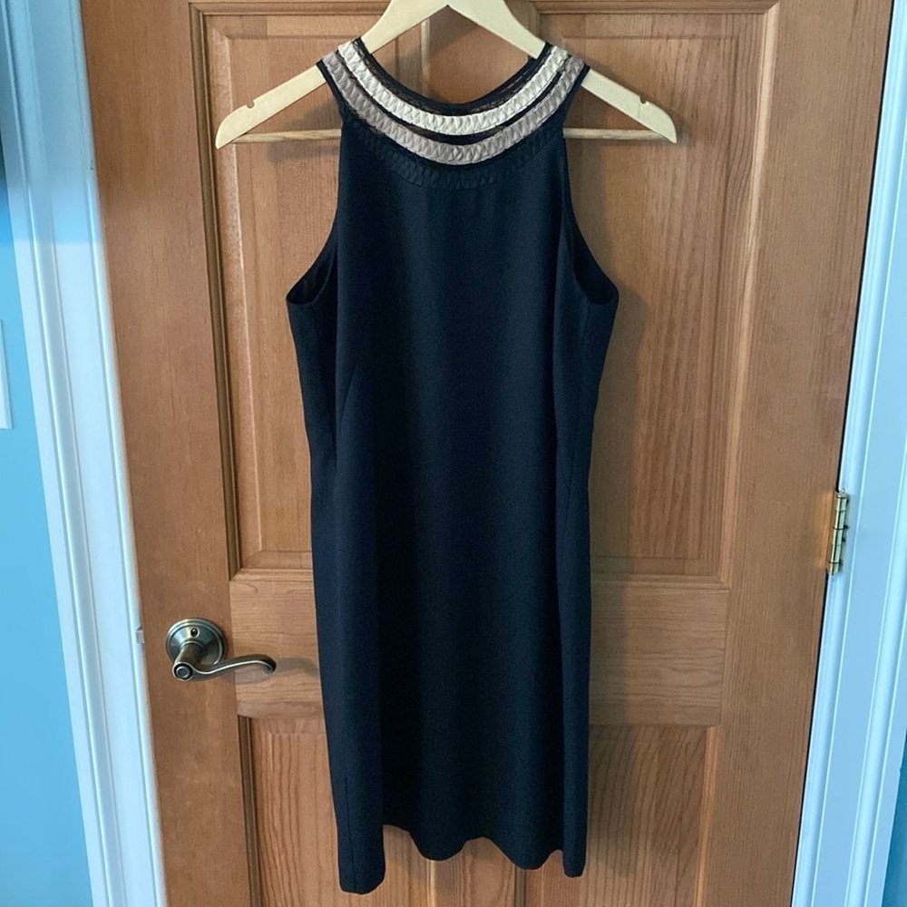 Ann Taylor Women's Size 2 Black Shift Dress with Tan Mesh Embroidered Neck